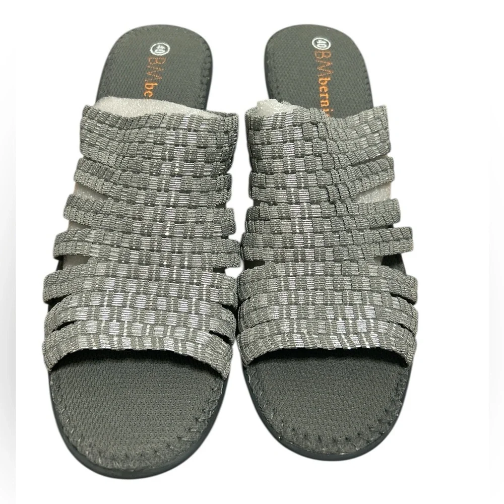 Bernie Mev Kent Silver Gray Woven Elastic Wedge Slide Sandals Sz 40